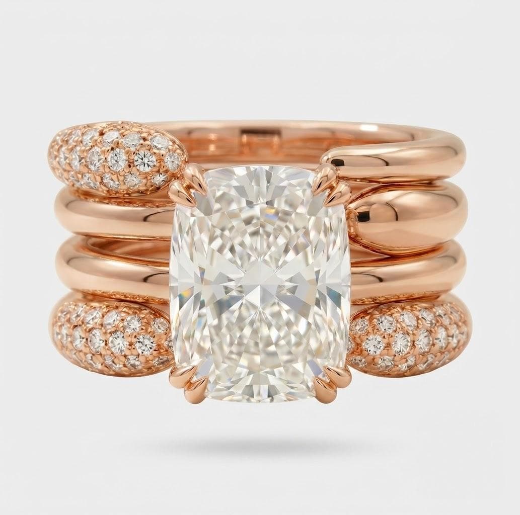 Anillo cojín con bandas apiladas, oro rosado