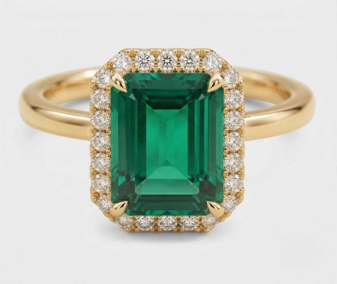 Anillo halo de esmeralda, oro amarillo